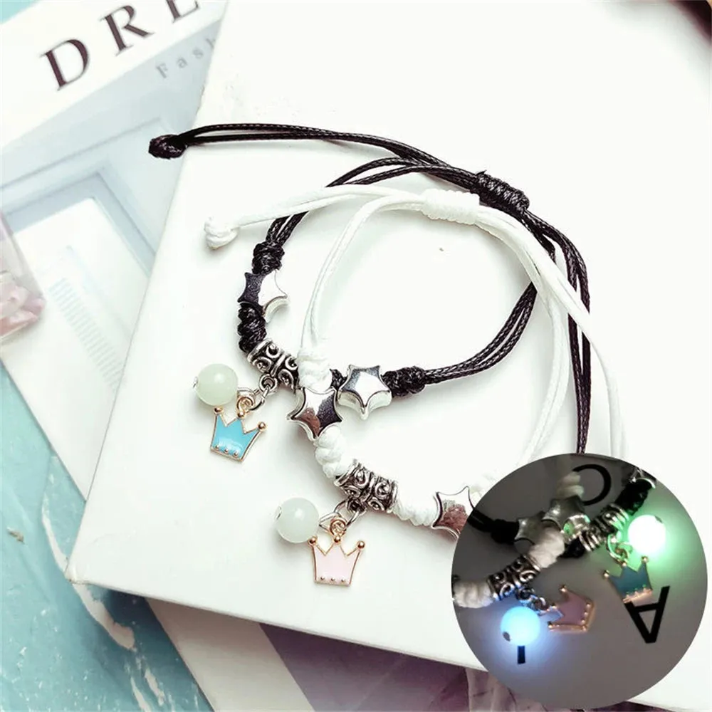 Luminous Beads Star Couple Bracelets For Women Men Charm Cat Flower Heart Key Lock Cross Matching Bracelets