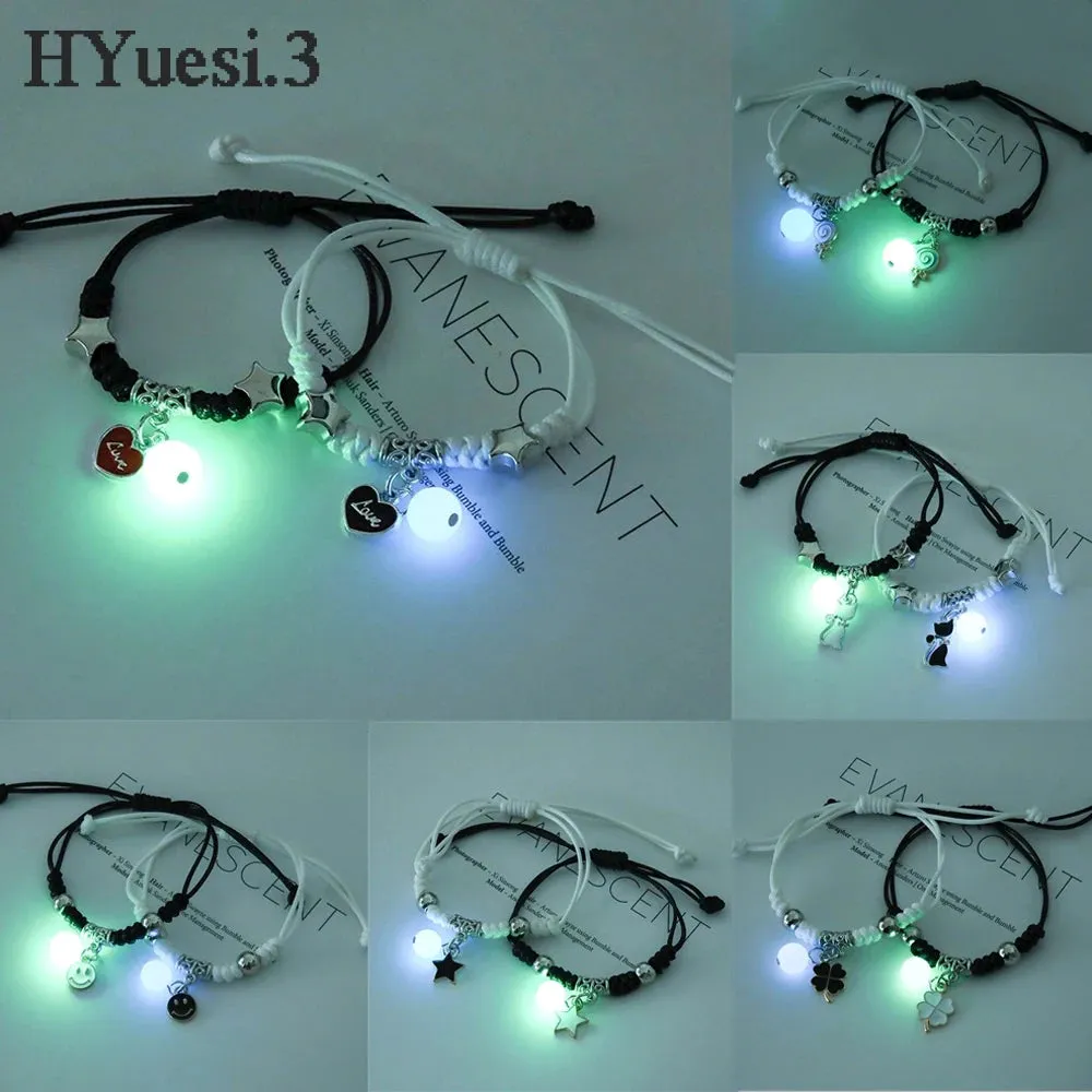 Luminous Beads Star Couple Bracelets For Women Men Charm Cat Flower Heart Key Lock Cross Matching Bracelets
