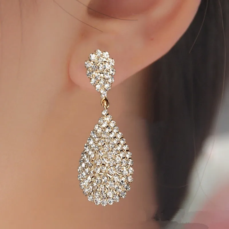 Luxury Water Drop Dangle Earrings Gold Silver Bridal Wedding Fine Jewelry
