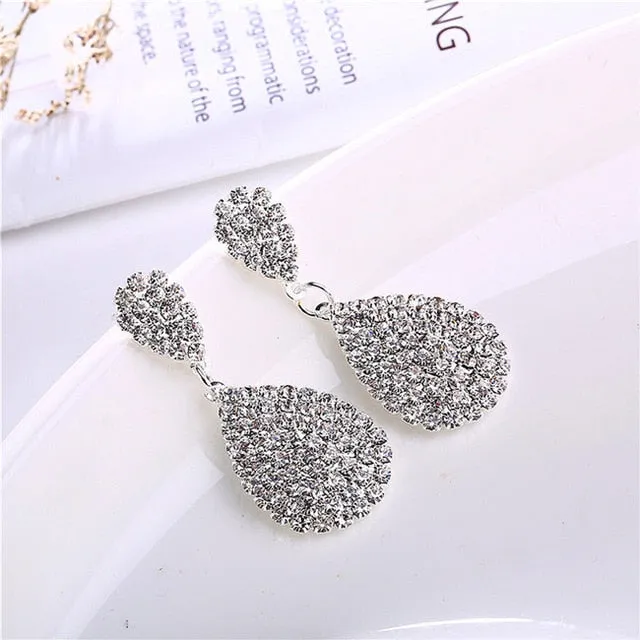 Luxury Water Drop Dangle Earrings Gold Silver Bridal Wedding Fine Jewelry
