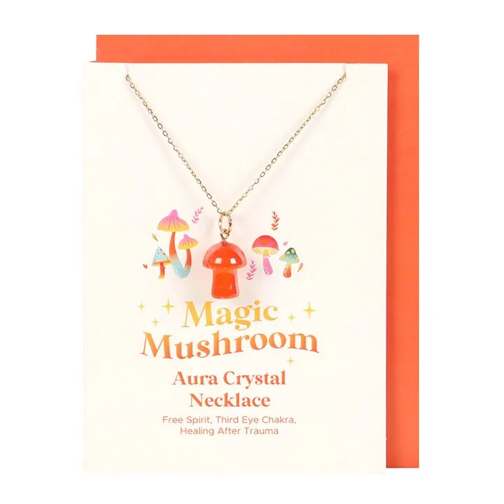 Magic Mushroom Orange Aura Crystal Necklace & Card