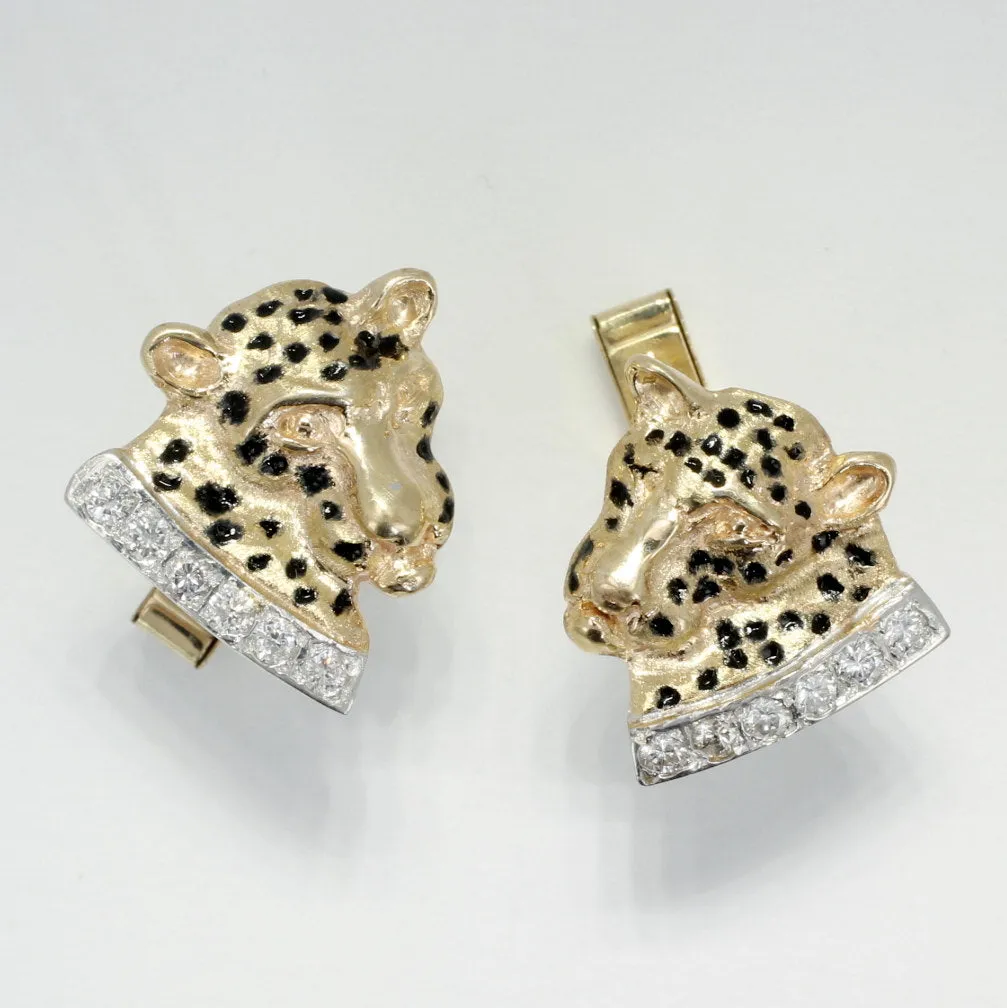 Mans Leopard Cuff Links in 14kt Yellow Gold with diamond collars