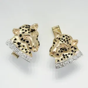 Mans Leopard Cuff Links in 14kt Yellow Gold with diamond collars