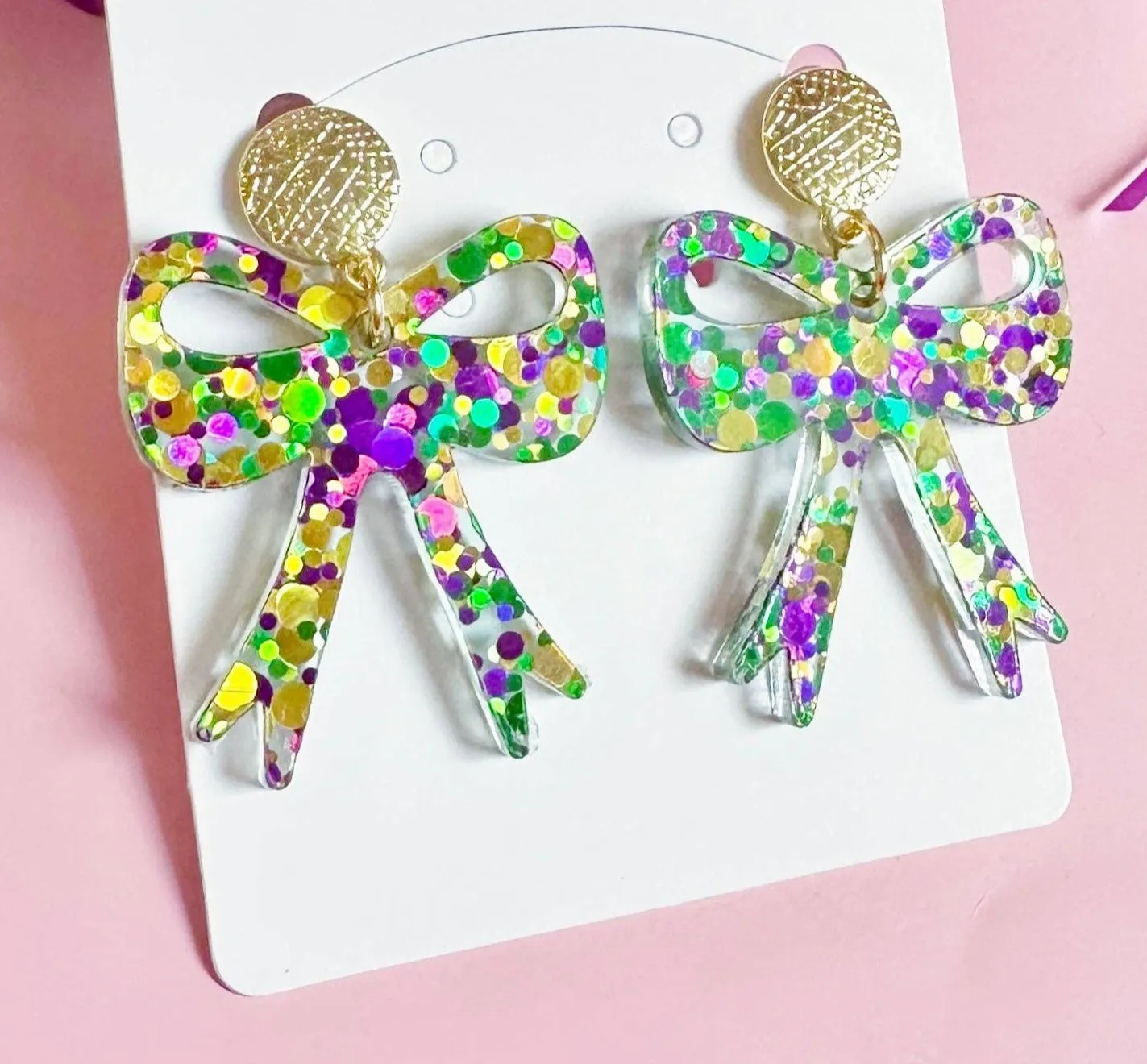 Mardi Gras Bow Dangle Earrings
