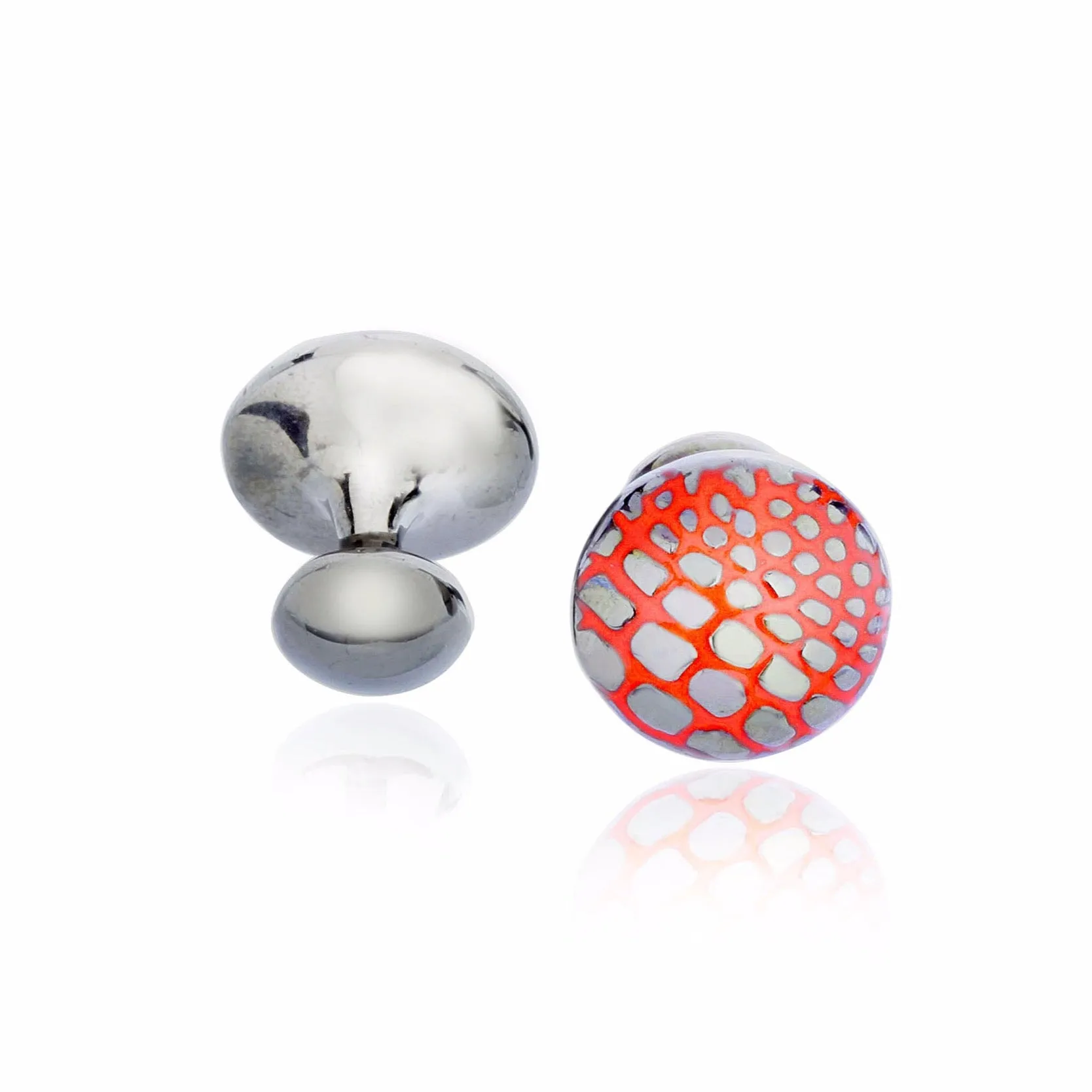 MCL Design Sterling Silver Croco-Pattern Button Cufflinks with Red Enamel