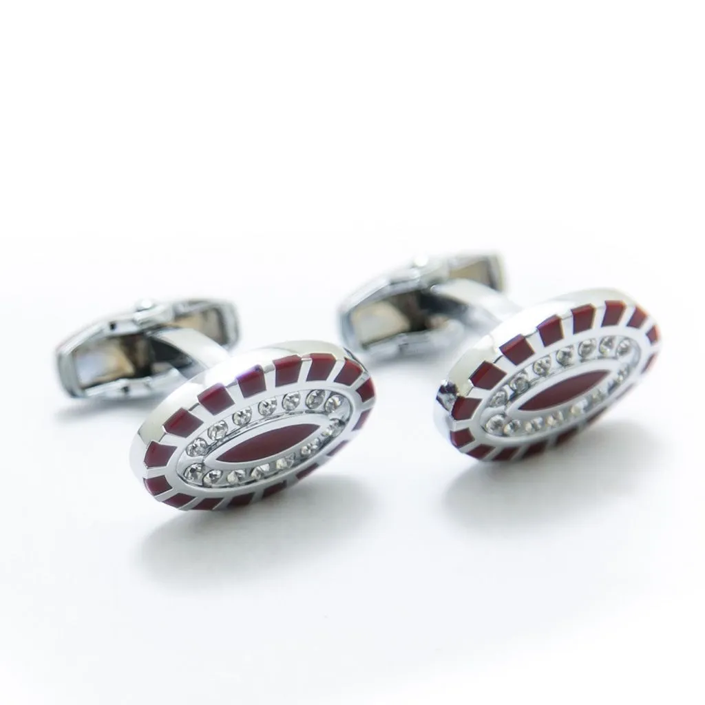 Mens Cufflinks – Oval Stainless Steel With Red Design & Diamonds