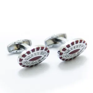 Mens Cufflinks – Oval Stainless Steel With Red Design & Diamonds