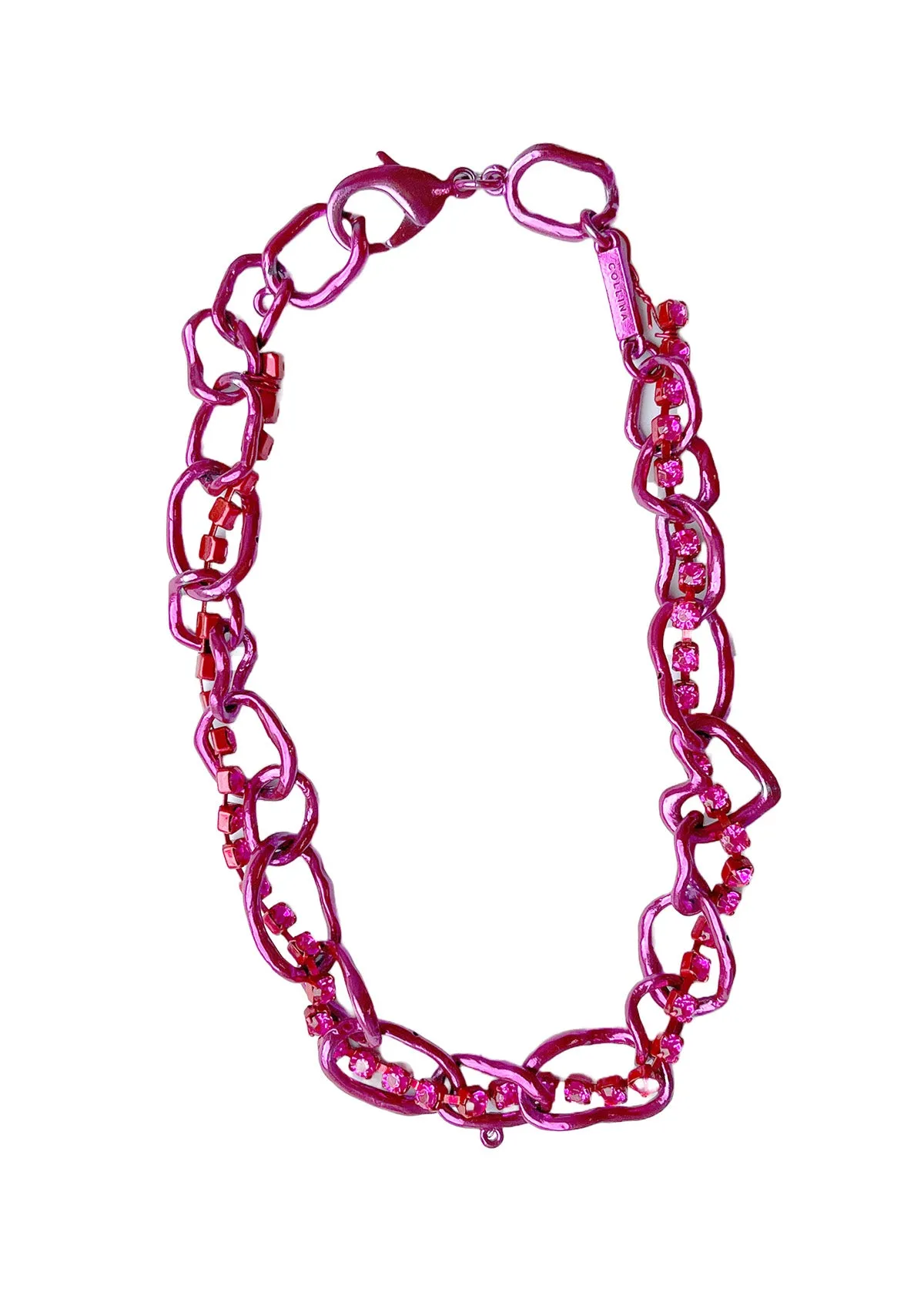 METALLIC PINK RHINESTONE CRUSHED CHAIN NECKLACE