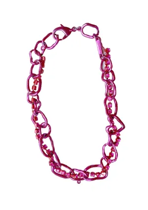 METALLIC PINK RHINESTONE CRUSHED CHAIN NECKLACE