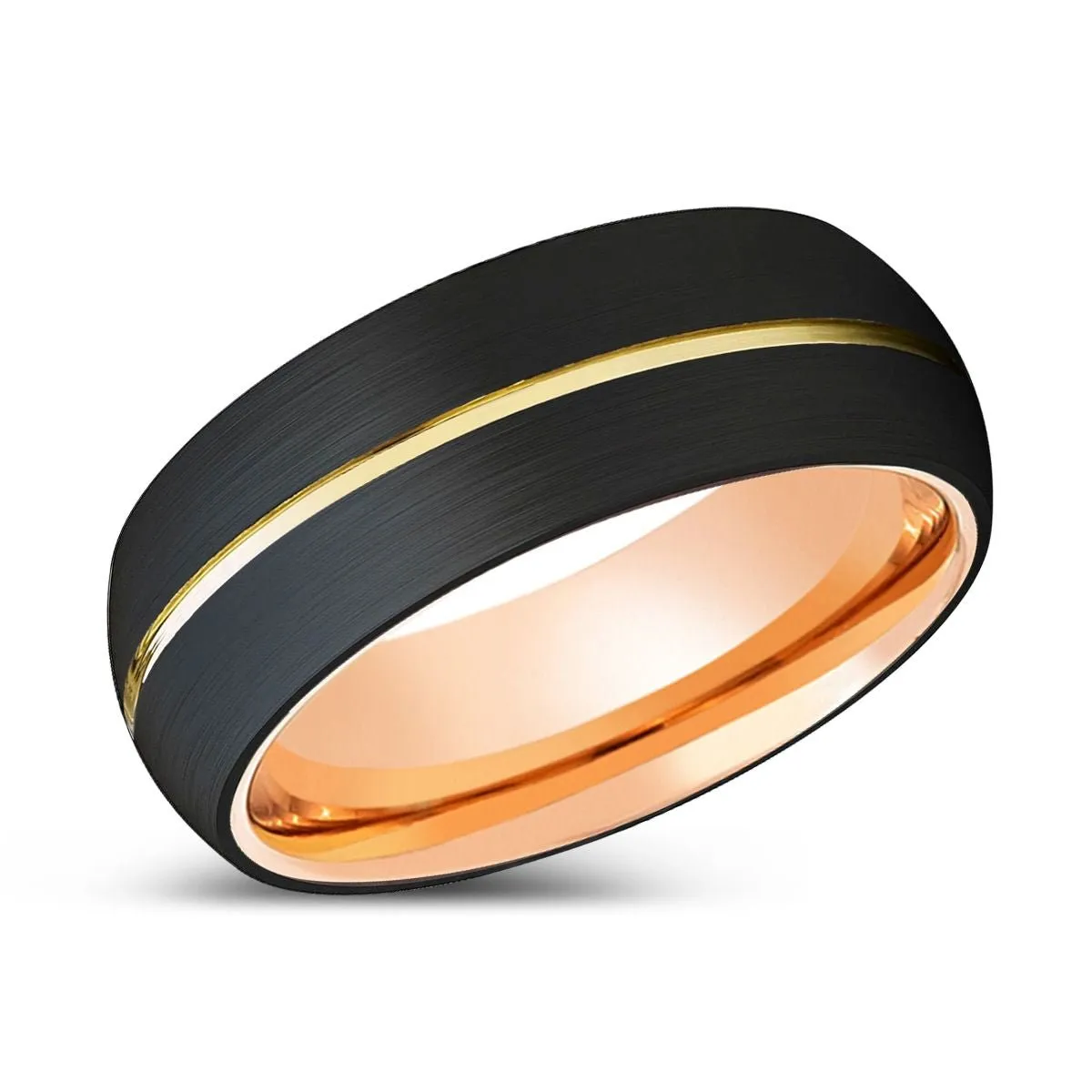 METOD | Rose Gold Ring, Black Tungsten Ring, Gold Groove, Domed