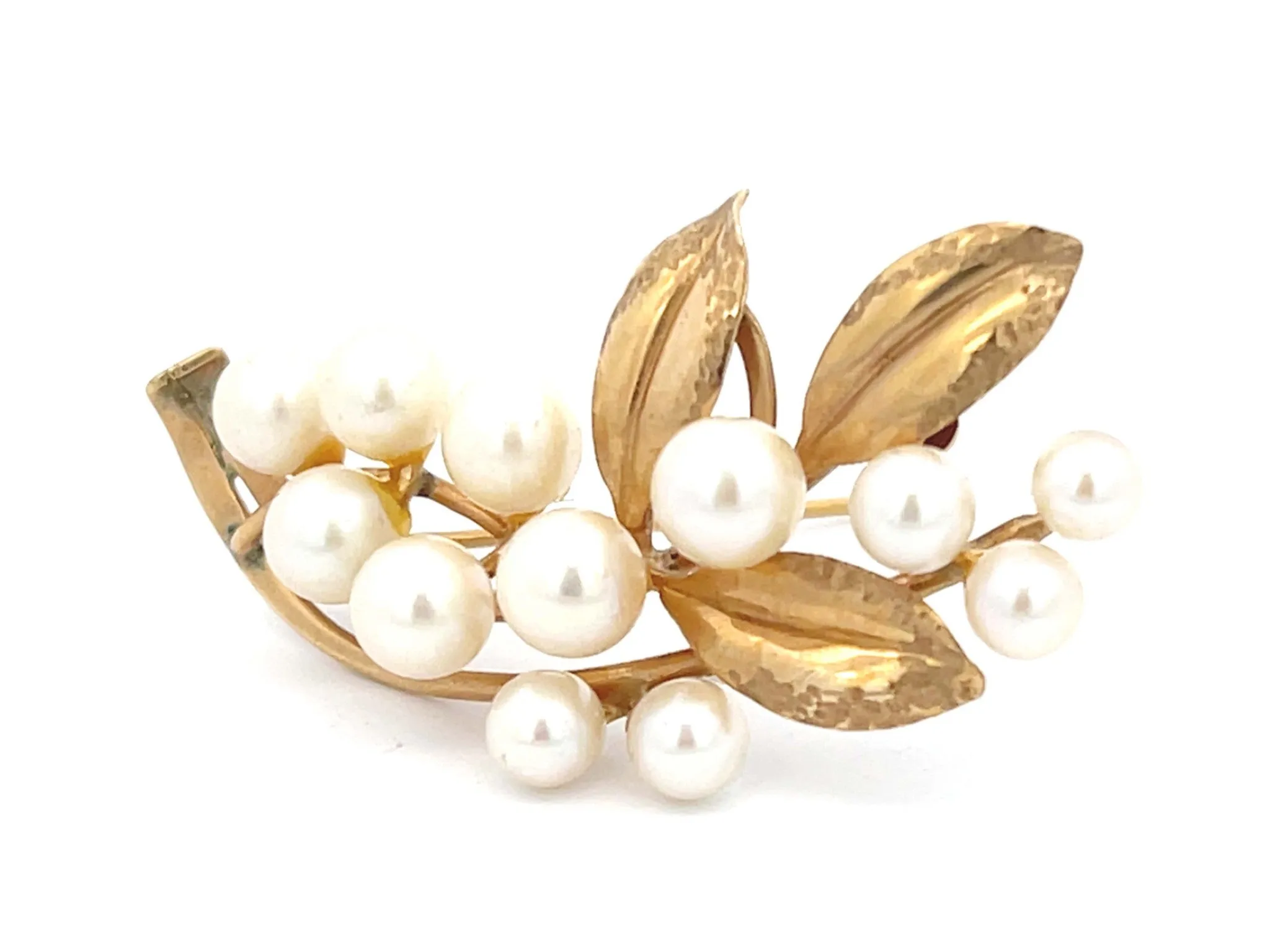 Mings Akoya Pearl and Leaf Branch Brooch in 14k Yellow Gold
