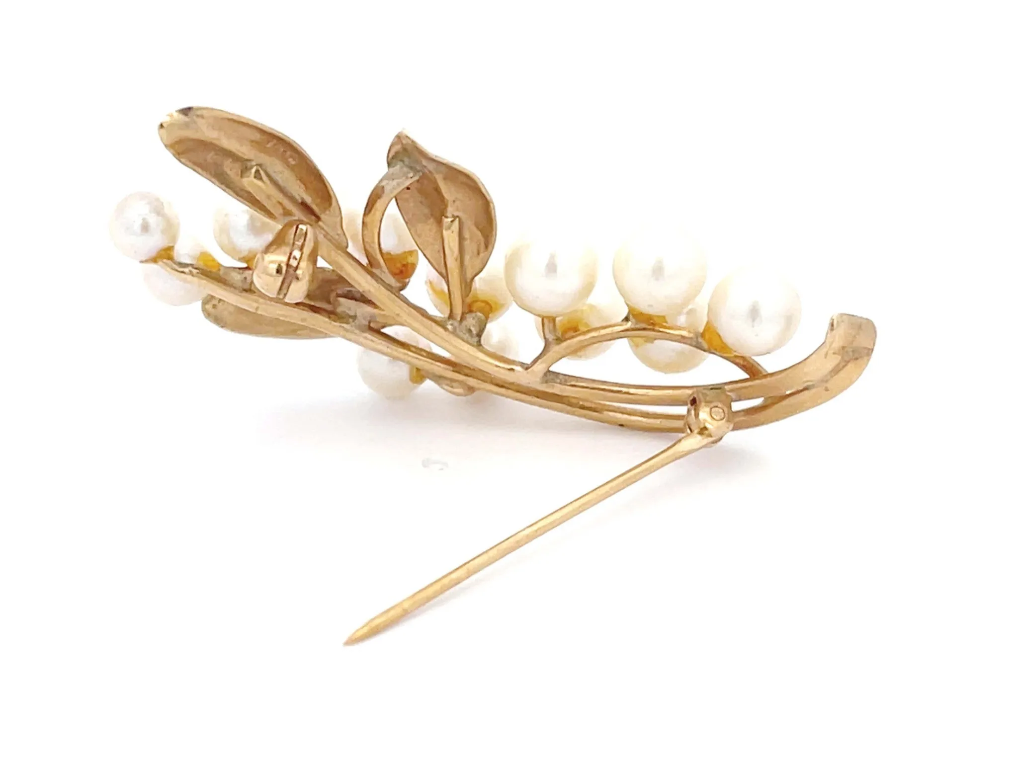 Mings Akoya Pearl and Leaf Branch Brooch in 14k Yellow Gold
