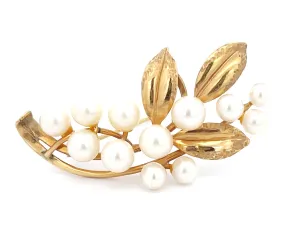Mings Akoya Pearl and Leaf Branch Brooch in 14k Yellow Gold