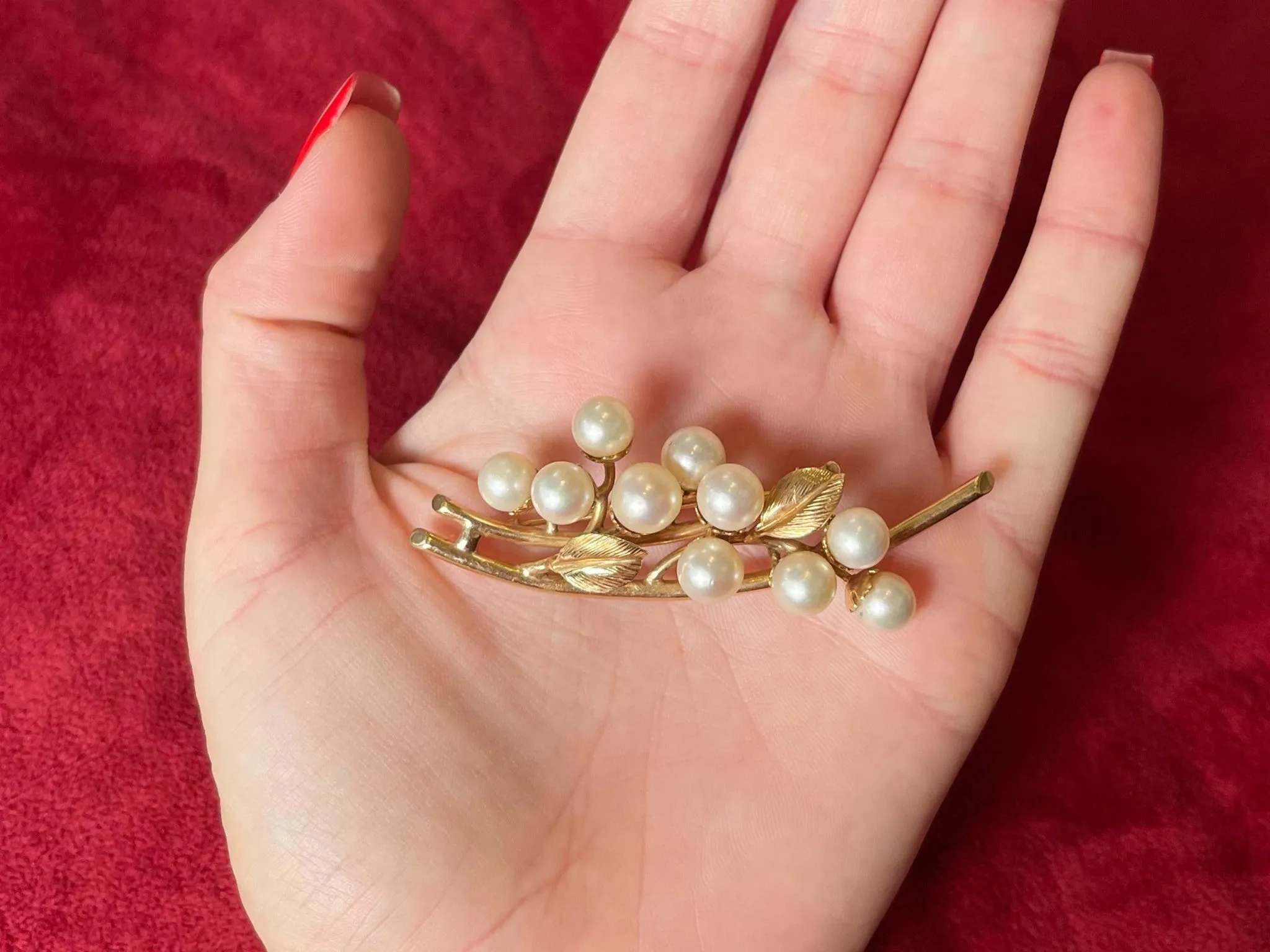 Mings Akoya Pearl Leaf Branch Brooch in 14k Yellow Gold