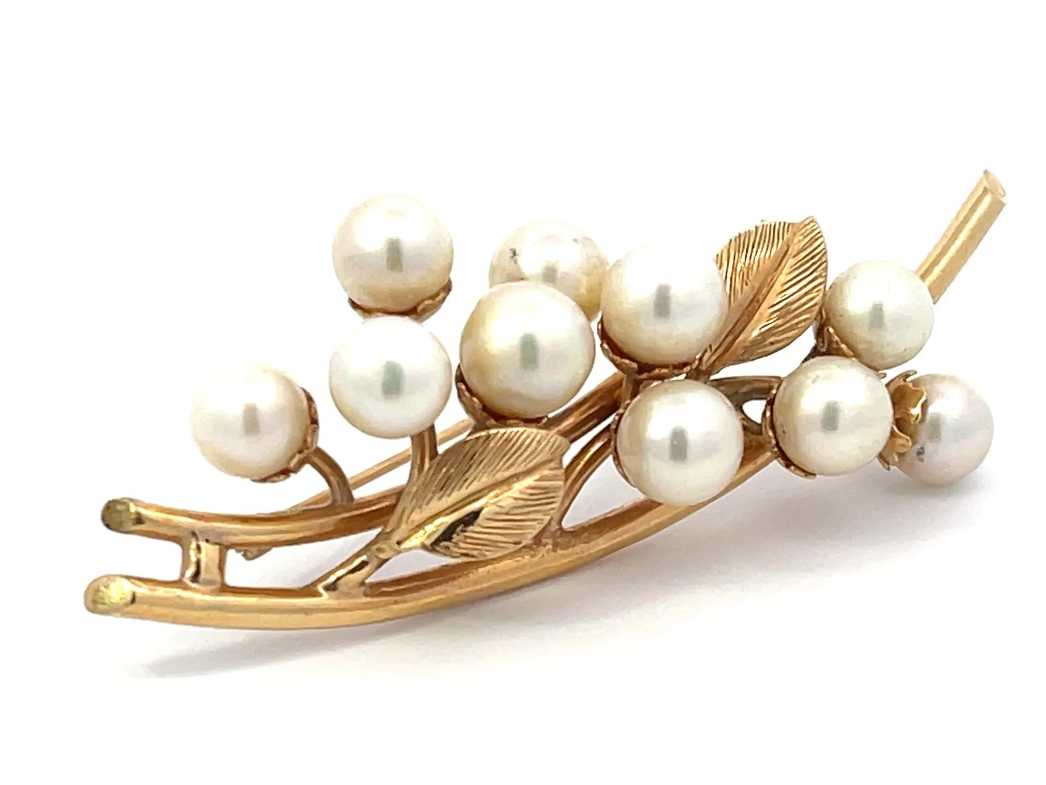Mings Akoya Pearl Leaf Branch Brooch in 14k Yellow Gold