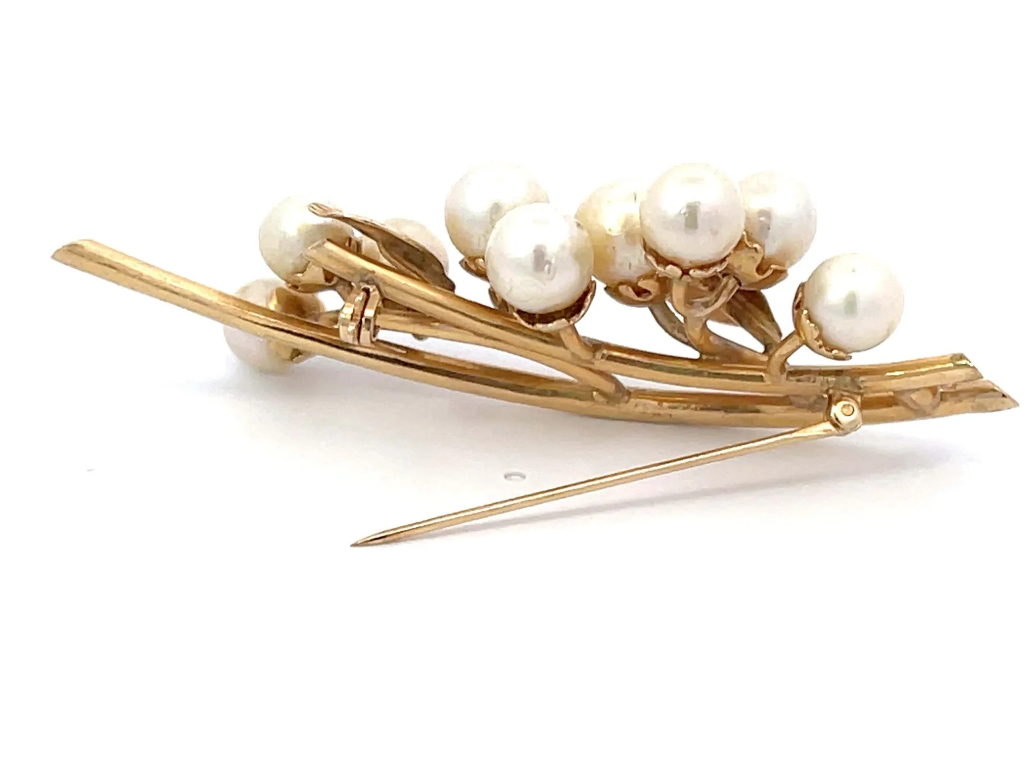Mings Akoya Pearl Leaf Branch Brooch in 14k Yellow Gold
