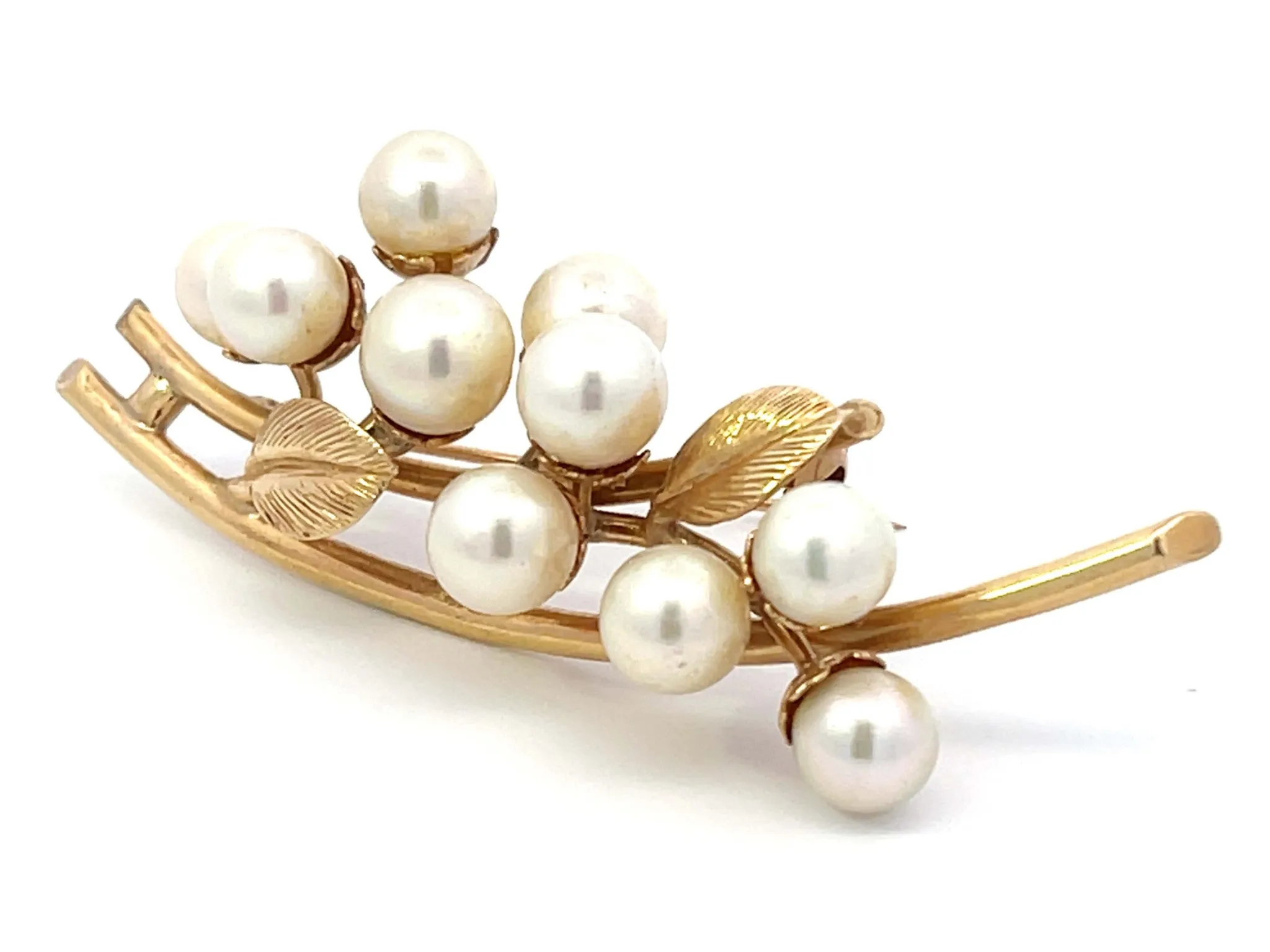Mings Akoya Pearl Leaf Branch Brooch in 14k Yellow Gold