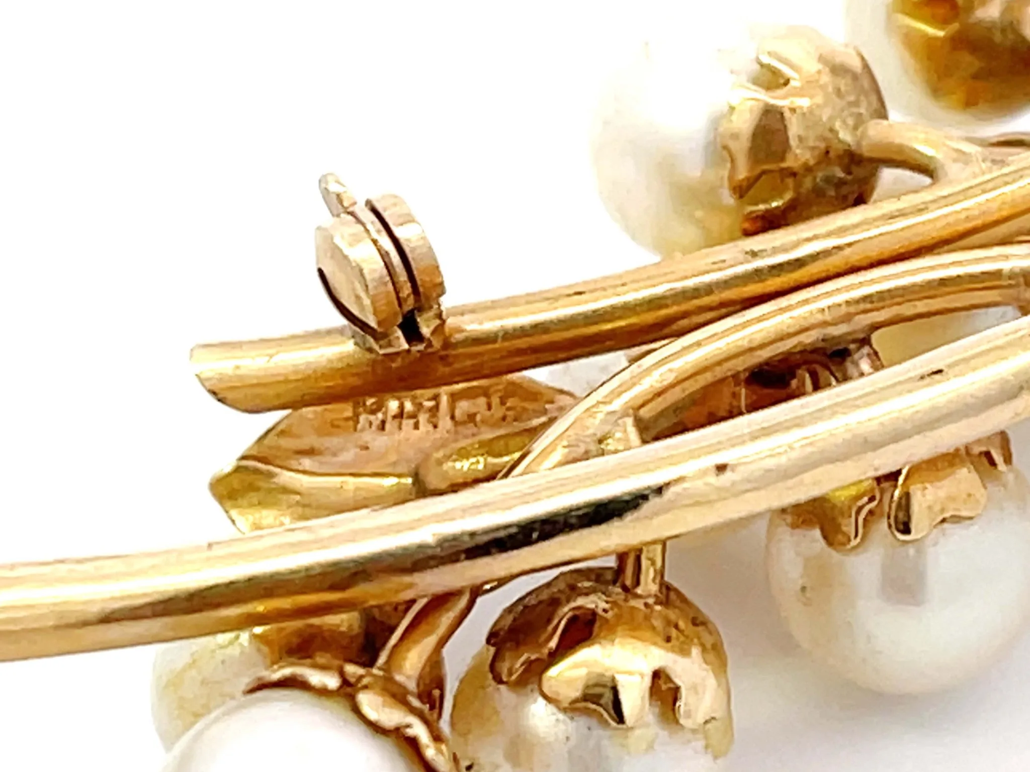 Mings Akoya Pearl Leaf Branch Brooch in 14k Yellow Gold