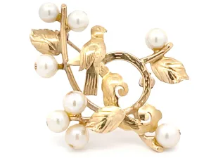 Mings Bird on a Plum Akoya Pearl Brooch in 14k Yellow Gold