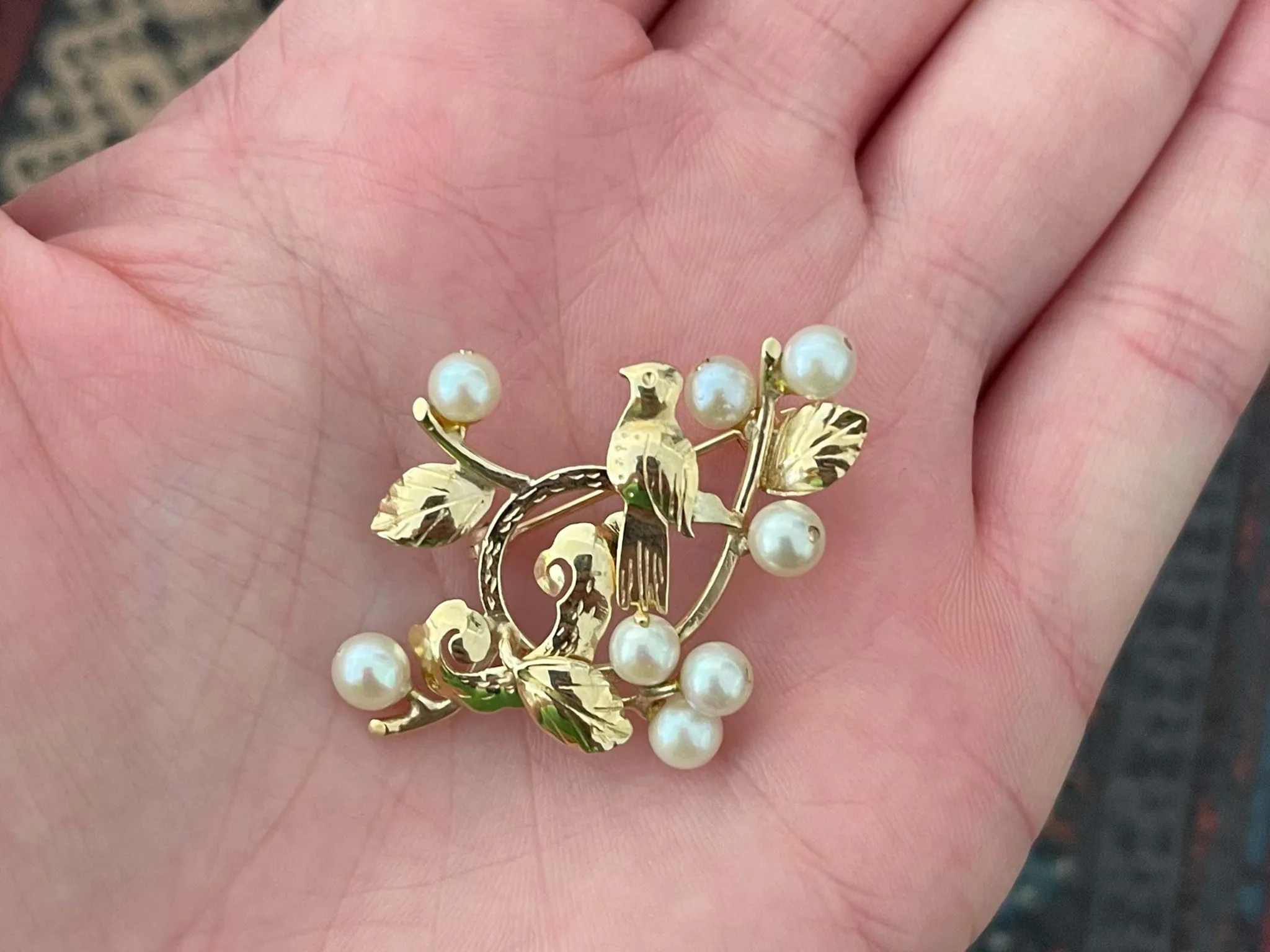 Mings Bird on a Plum Pearl Brooch in 14k Yellow Gold