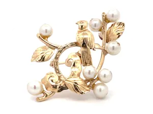 Mings Bird on a Plum Pearl Brooch in 14k Yellow Gold