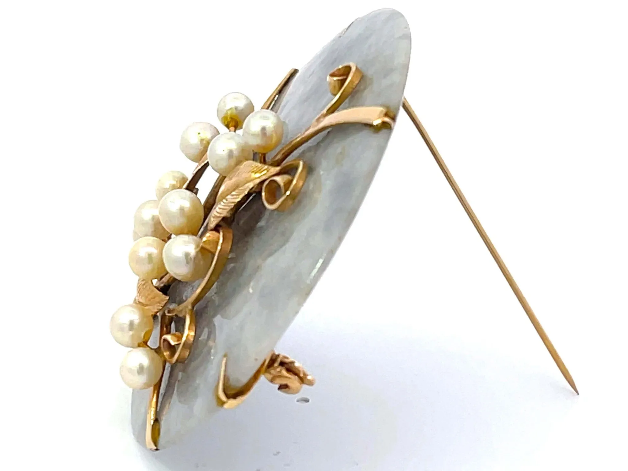Mings Hawaii Mottled Greenish Grey Jade Pearl Leaf Brooch 14k Yellow Gold