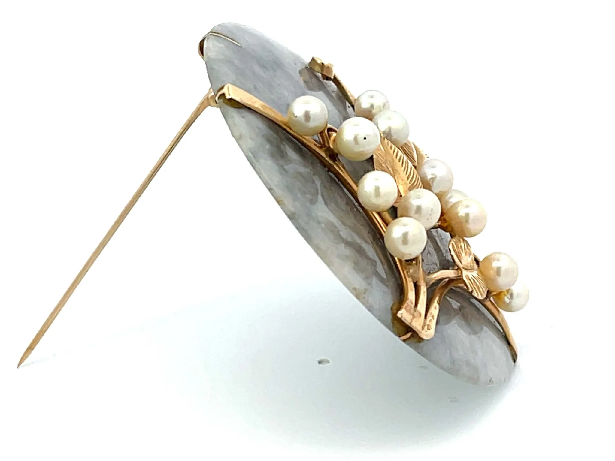 Mings Hawaii Mottled Greenish Grey Jade Pearl Leaf Brooch 14k Yellow Gold