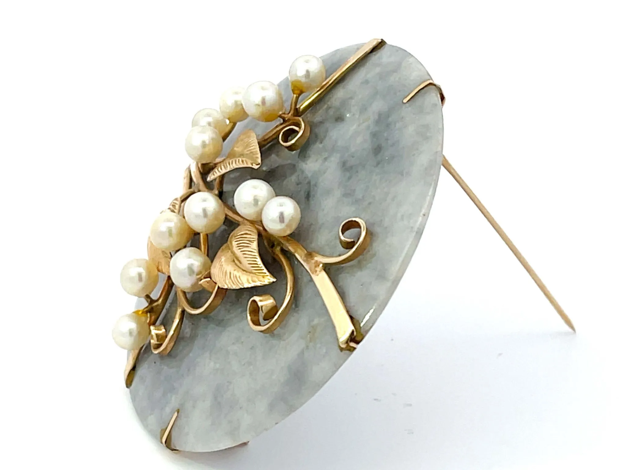 Mings Hawaii Mottled Greenish Grey Jade Pearl Leaf Brooch 14k Yellow Gold
