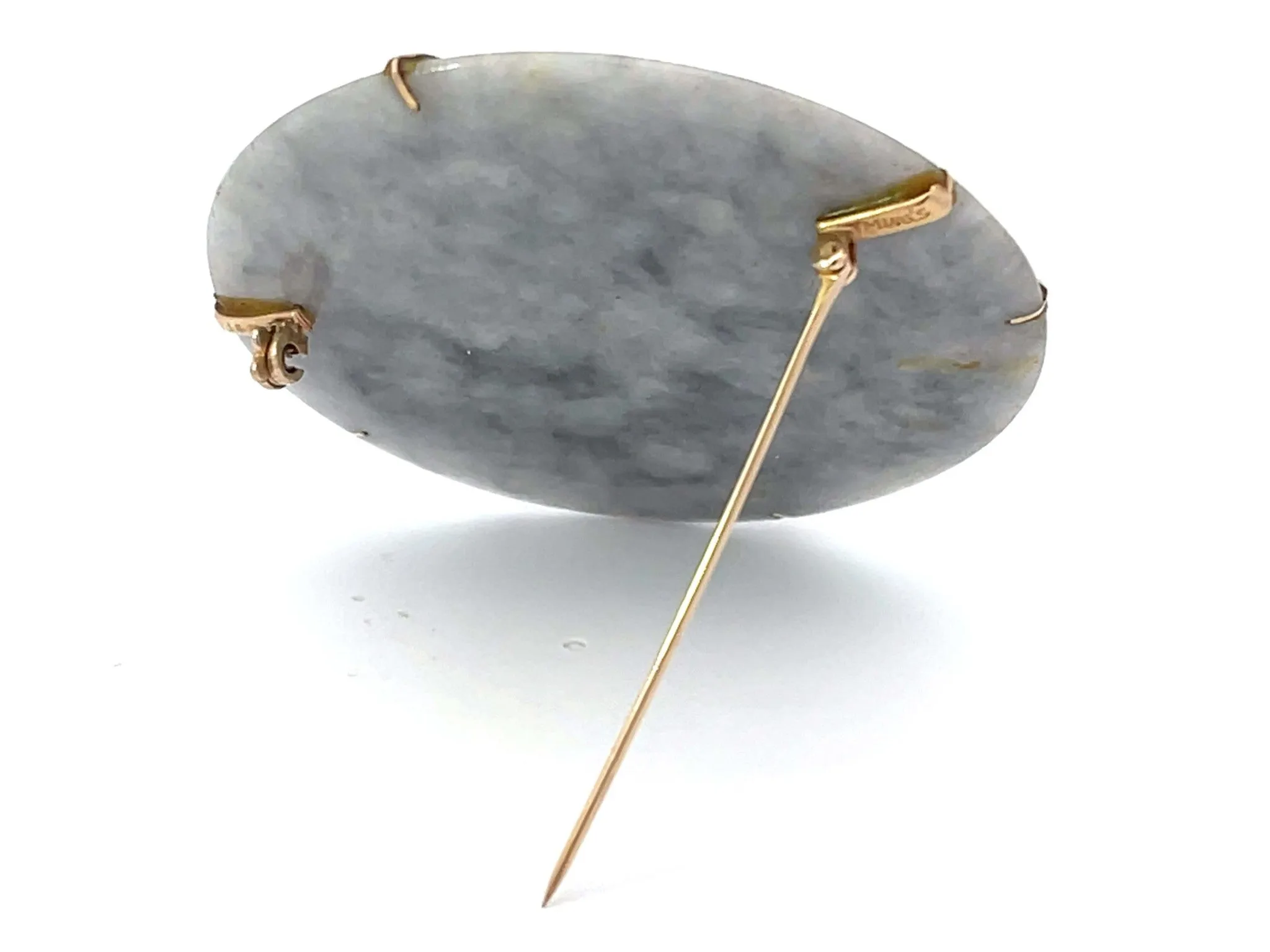 Mings Hawaii Mottled Greenish Grey Jade Pearl Leaf Brooch 14k Yellow Gold