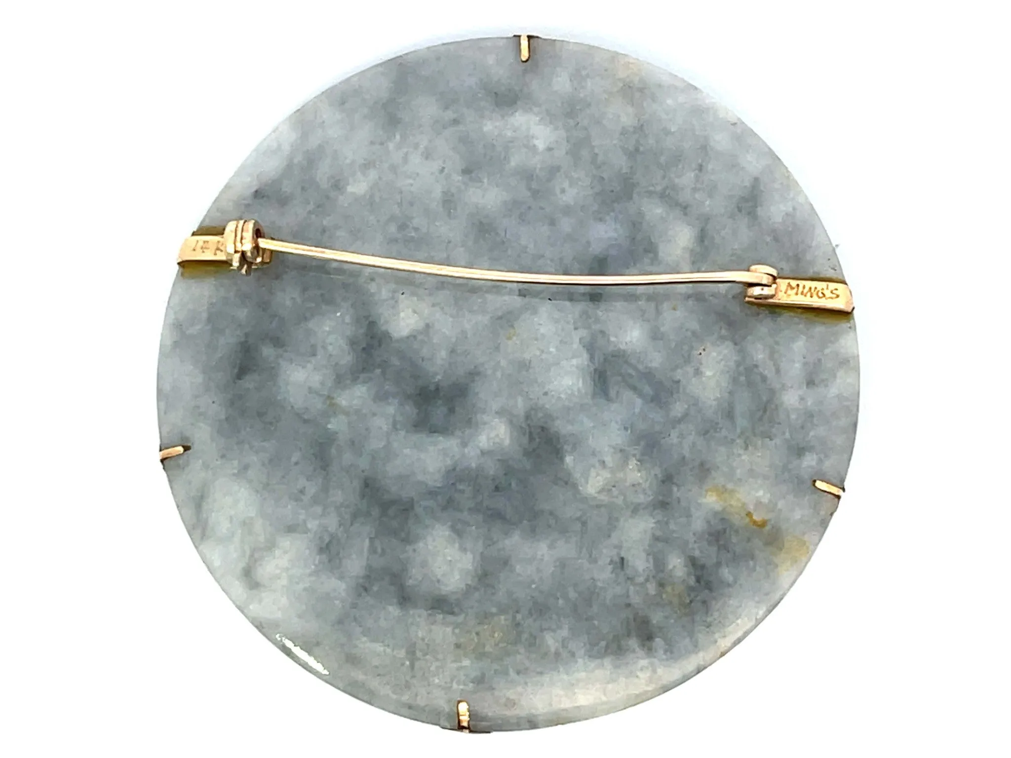 Mings Hawaii Mottled Greenish Grey Jade Pearl Leaf Brooch 14k Yellow Gold