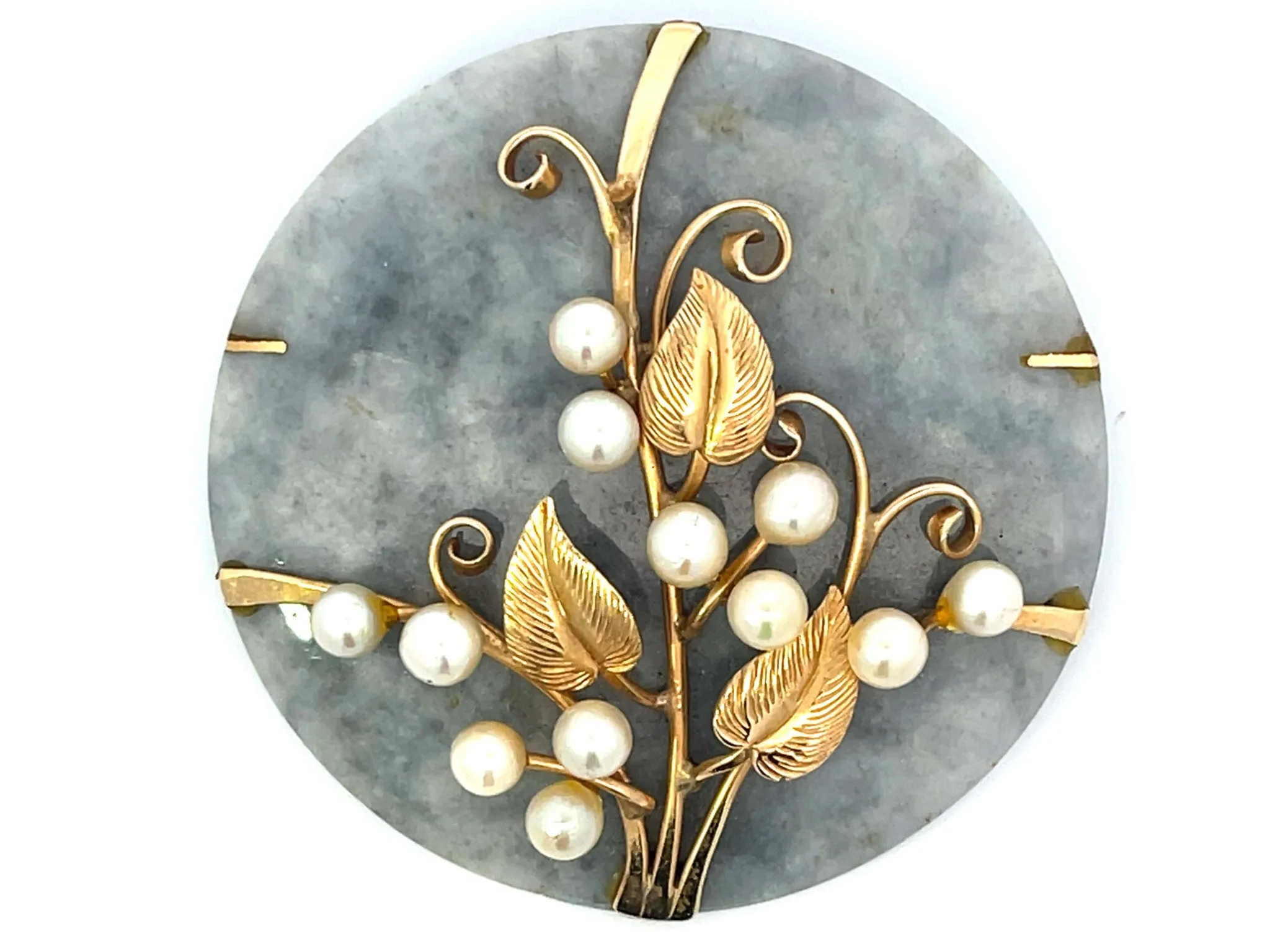 Mings Hawaii Mottled Greenish Grey Jade Pearl Leaf Brooch 14k Yellow Gold
