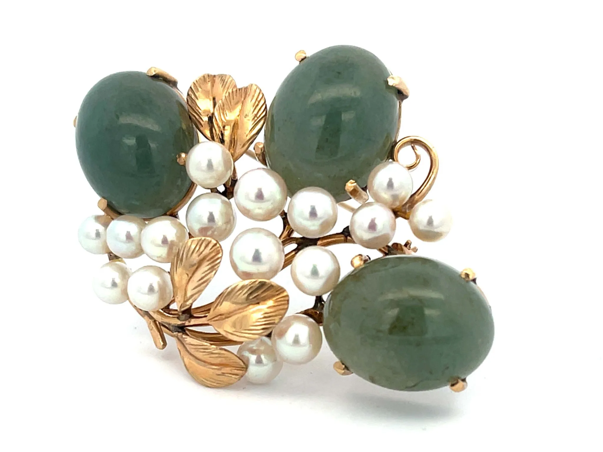 Mings Jade and Pearl Leaf Brooch in 14k Yellow Gold