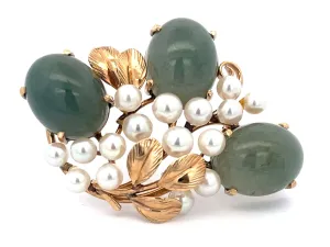 Mings Jade and Pearl Leaf Brooch in 14k Yellow Gold