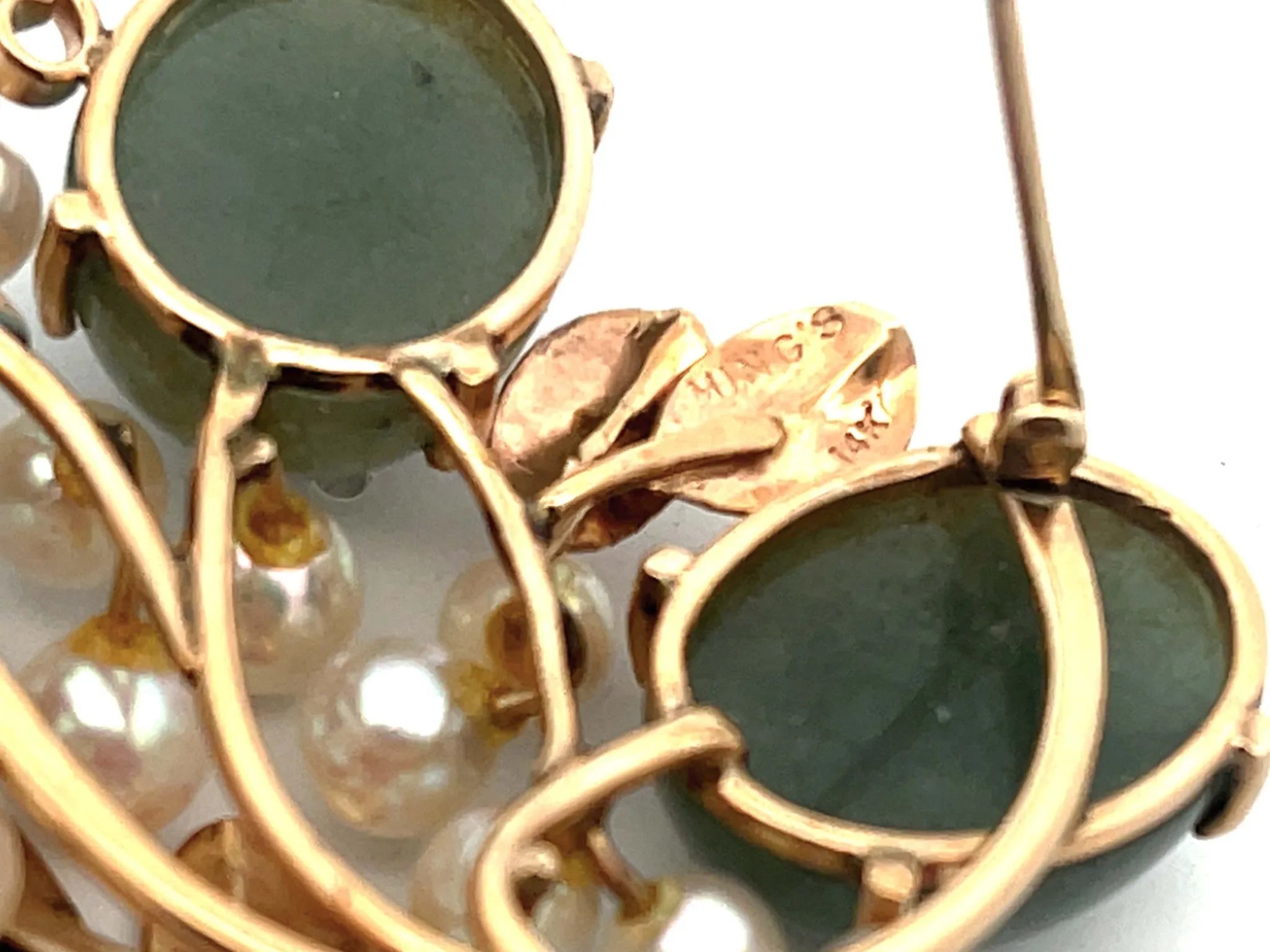 Mings Jade and Pearl Leaf Brooch in 14k Yellow Gold