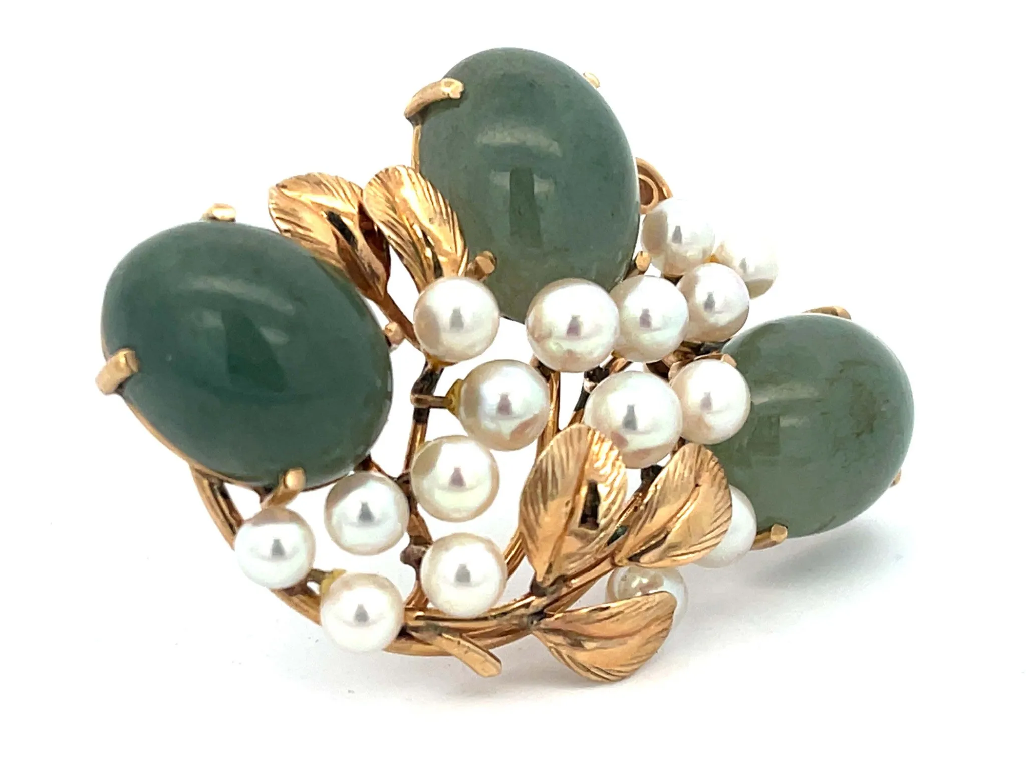 Mings Jade and Pearl Leaf Brooch in 14k Yellow Gold