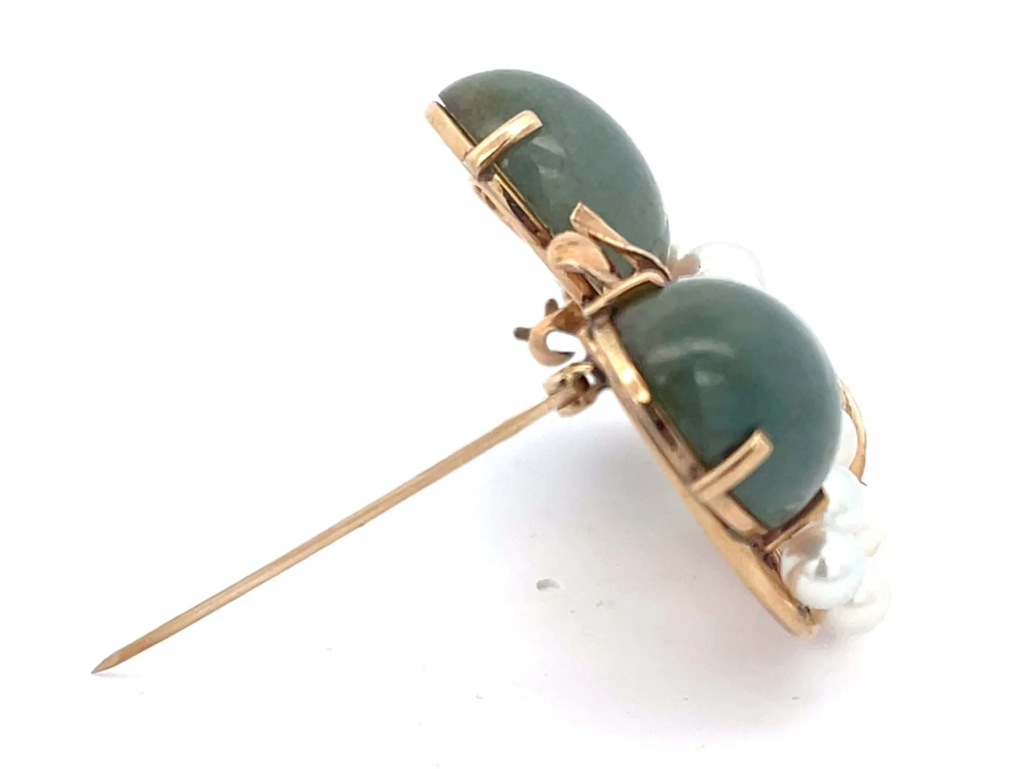 Mings Jade and Pearl Leaf Brooch in 14k Yellow Gold