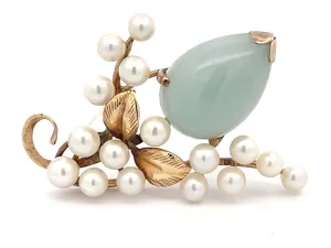Mings Jade and Pearls Leaf Branch Brooch in 14k Yellow Gold