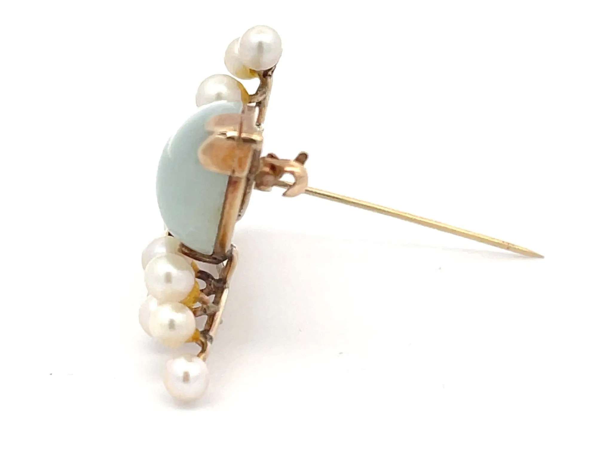 Mings Jade and Pearls Leaf Branch Brooch in 14k Yellow Gold