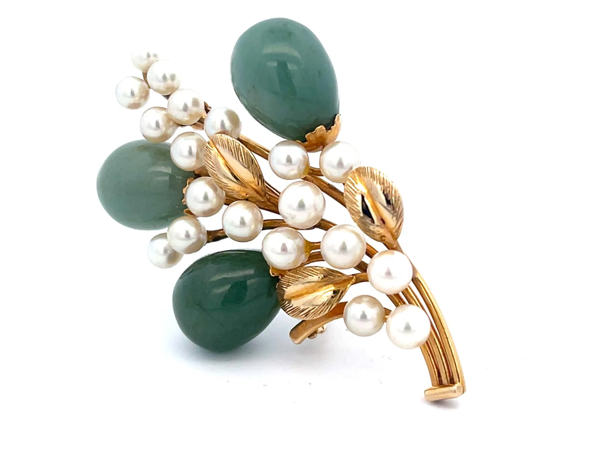 Mings Oval Jade Droplets Leaf and Pearl Brooch in 14k Yellow Gold