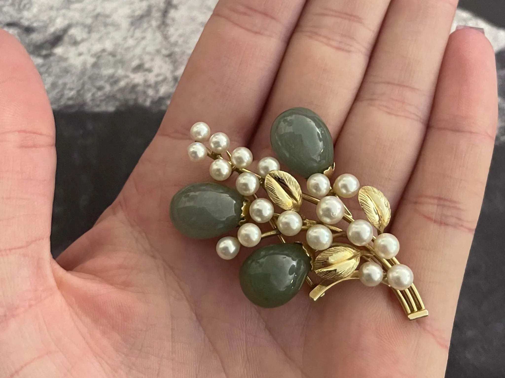Mings Oval Jade Droplets Leaf and Pearl Brooch in 14k Yellow Gold