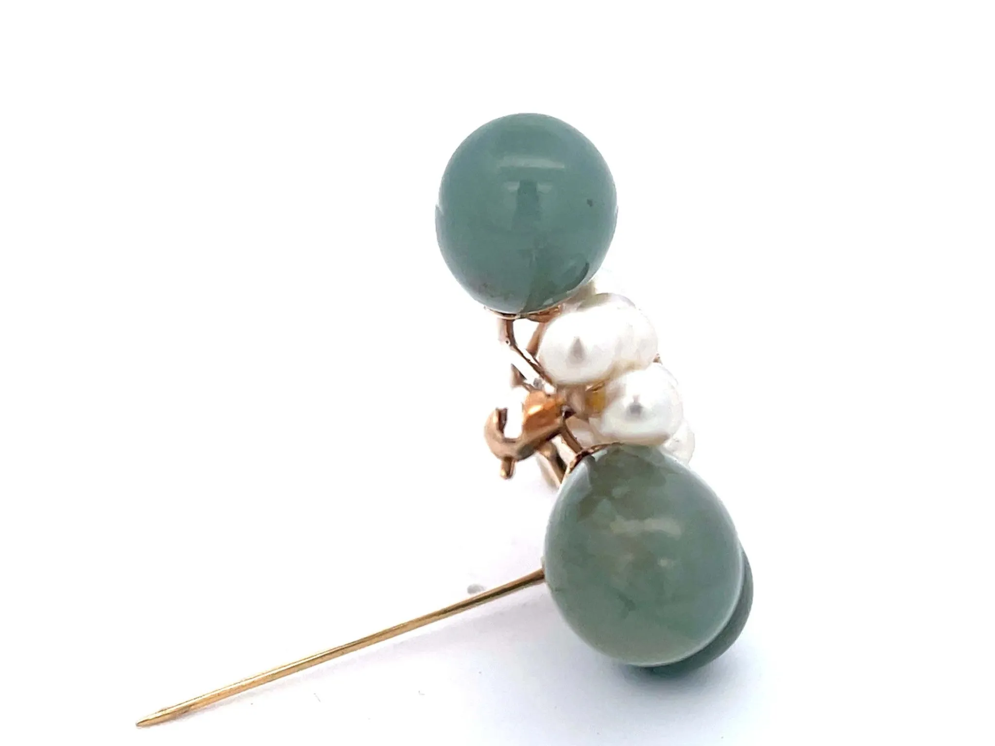 Mings Oval Jade Droplets Leaf and Pearl Brooch in 14k Yellow Gold