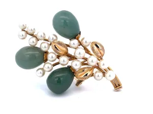 Mings Oval Jade Droplets Leaf and Pearl Brooch in 14k Yellow Gold