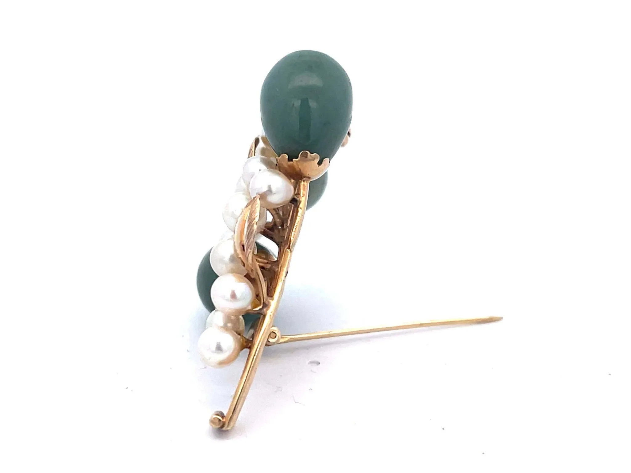 Mings Oval Jade Droplets Leaf and Pearl Brooch in 14k Yellow Gold