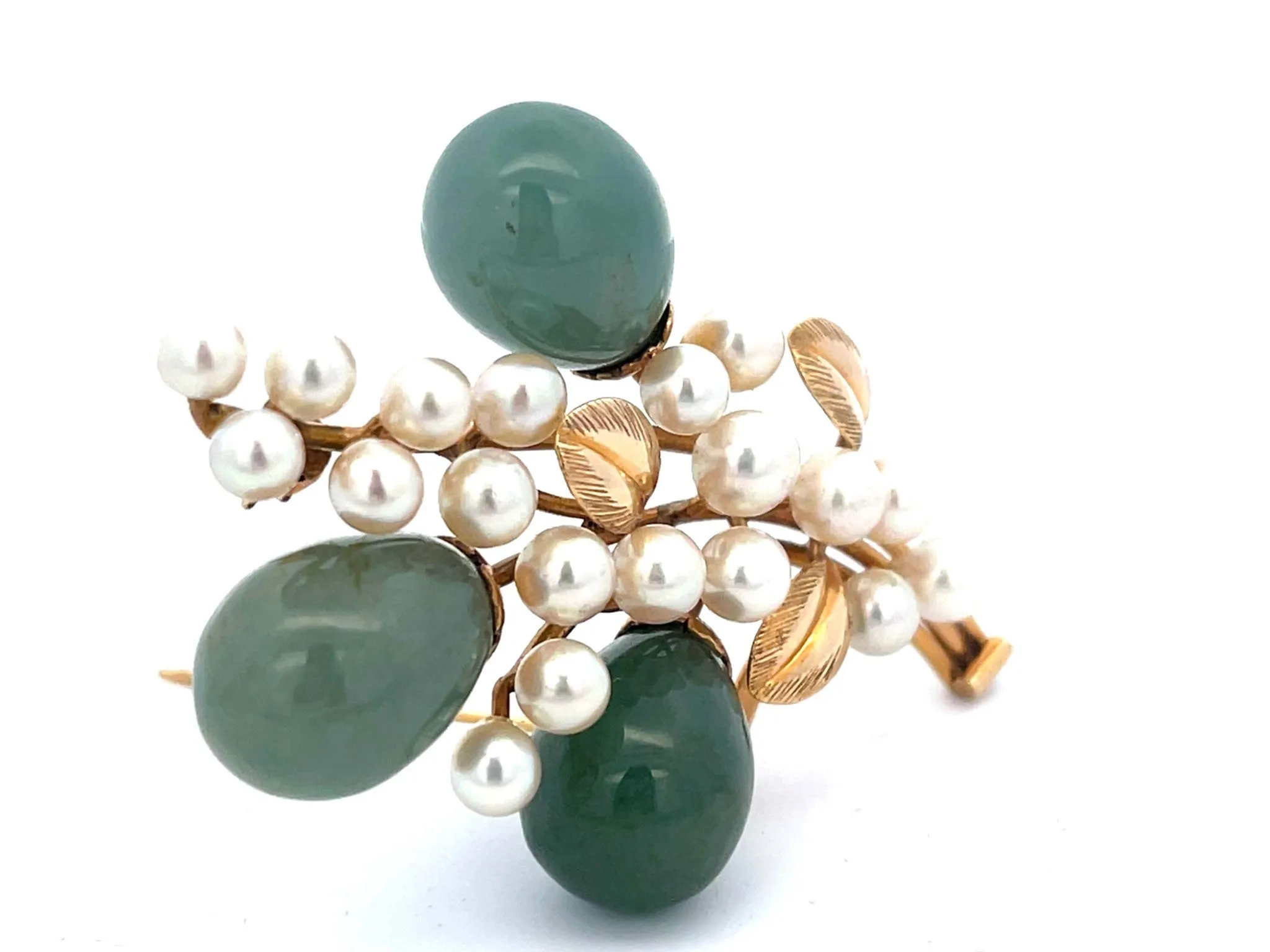 Mings Oval Jade Droplets Leaf and Pearl Brooch in 14k Yellow Gold