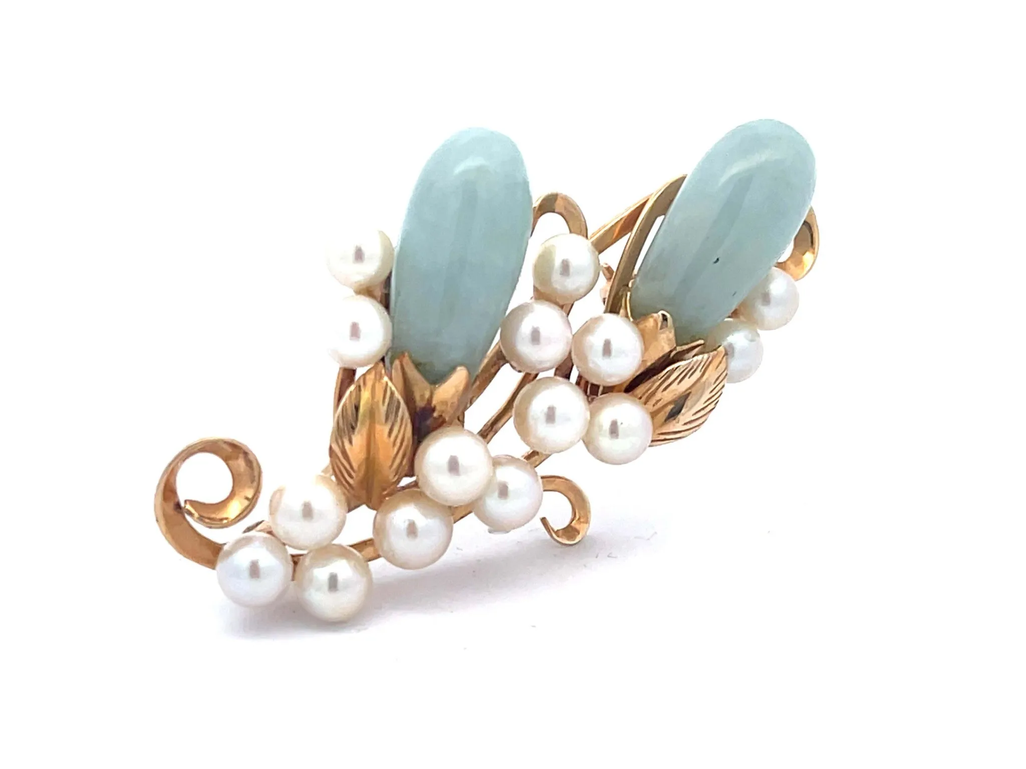 Mings Oval Jade Leaf and Pearl Brooch in 14k Yellow Gold