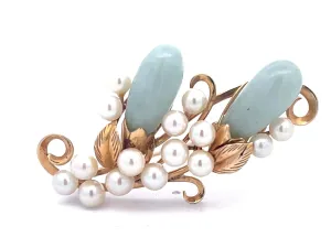 Mings Oval Jade Leaf and Pearl Brooch in 14k Yellow Gold
