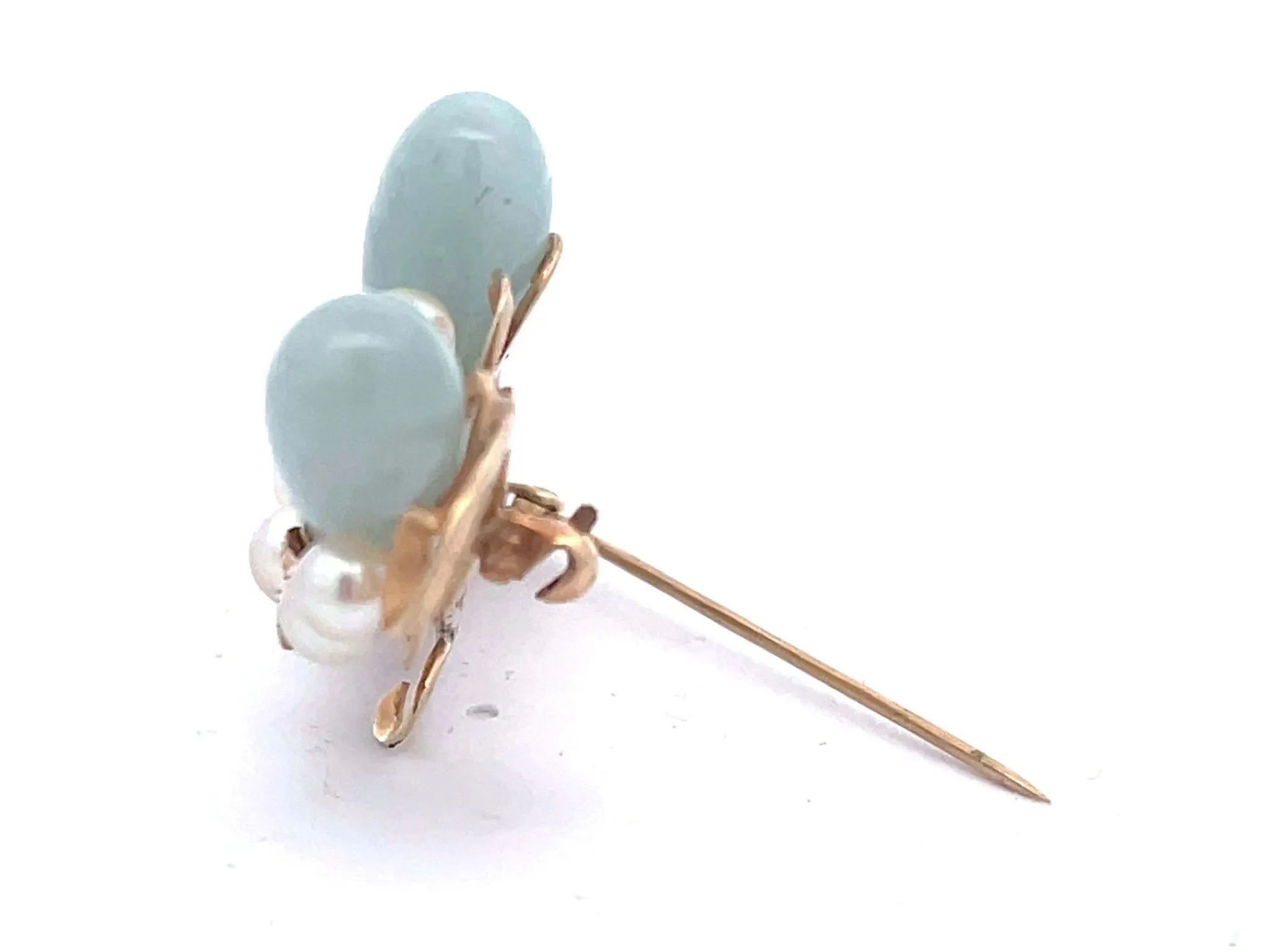 Mings Oval Jade Leaf and Pearl Brooch in 14k Yellow Gold