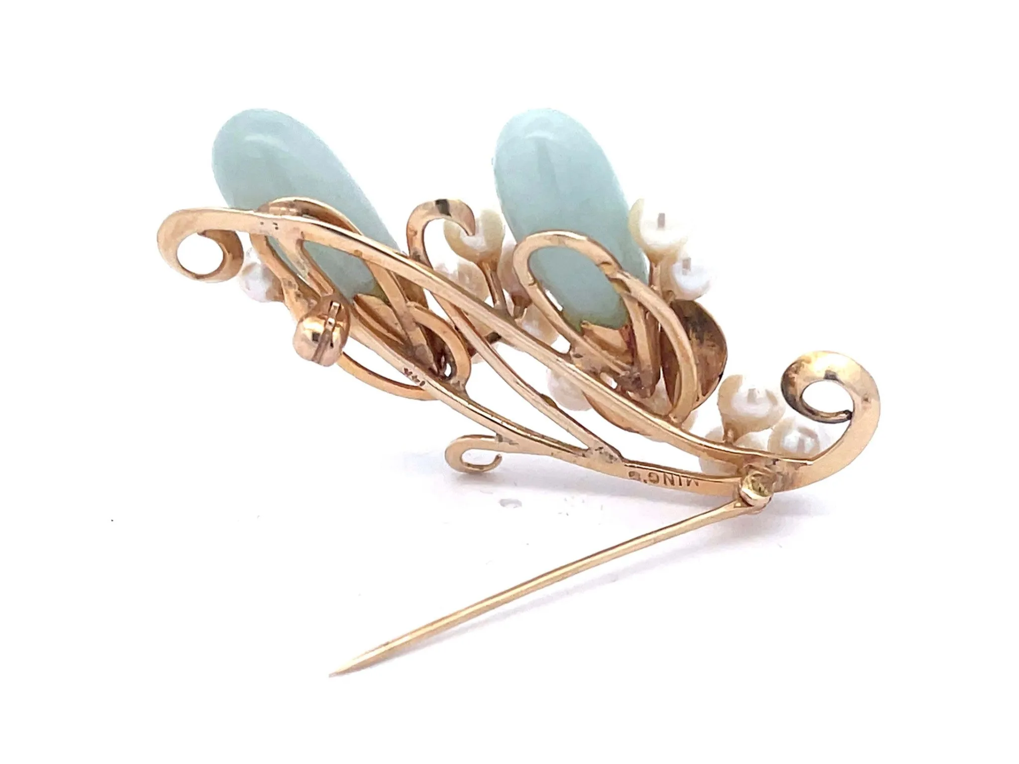 Mings Oval Jade Leaf and Pearl Brooch in 14k Yellow Gold