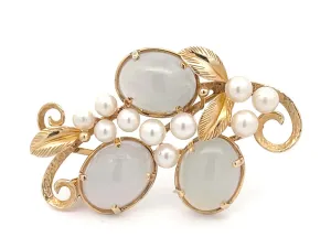 Mings Pale Oval Jade and Pearls Branch Brooch in 14k Yellow Gold