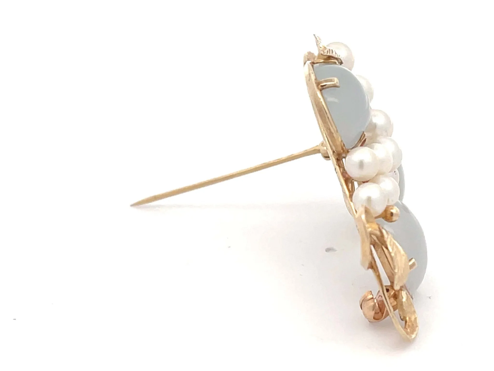 Mings Pale Oval Jade and Pearls Branch Brooch in 14k Yellow Gold